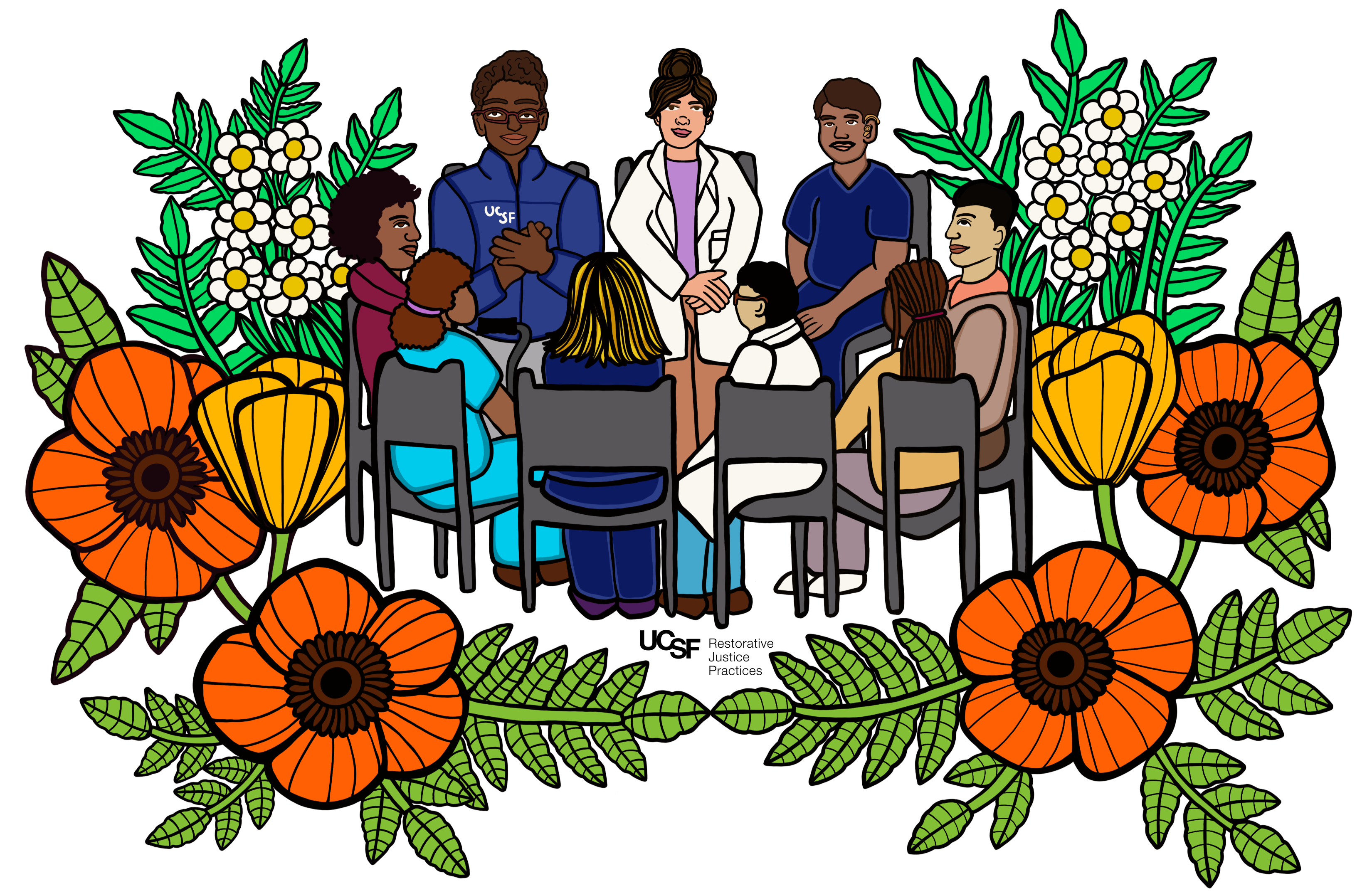 People sitting in circle formation surrounded by flowers