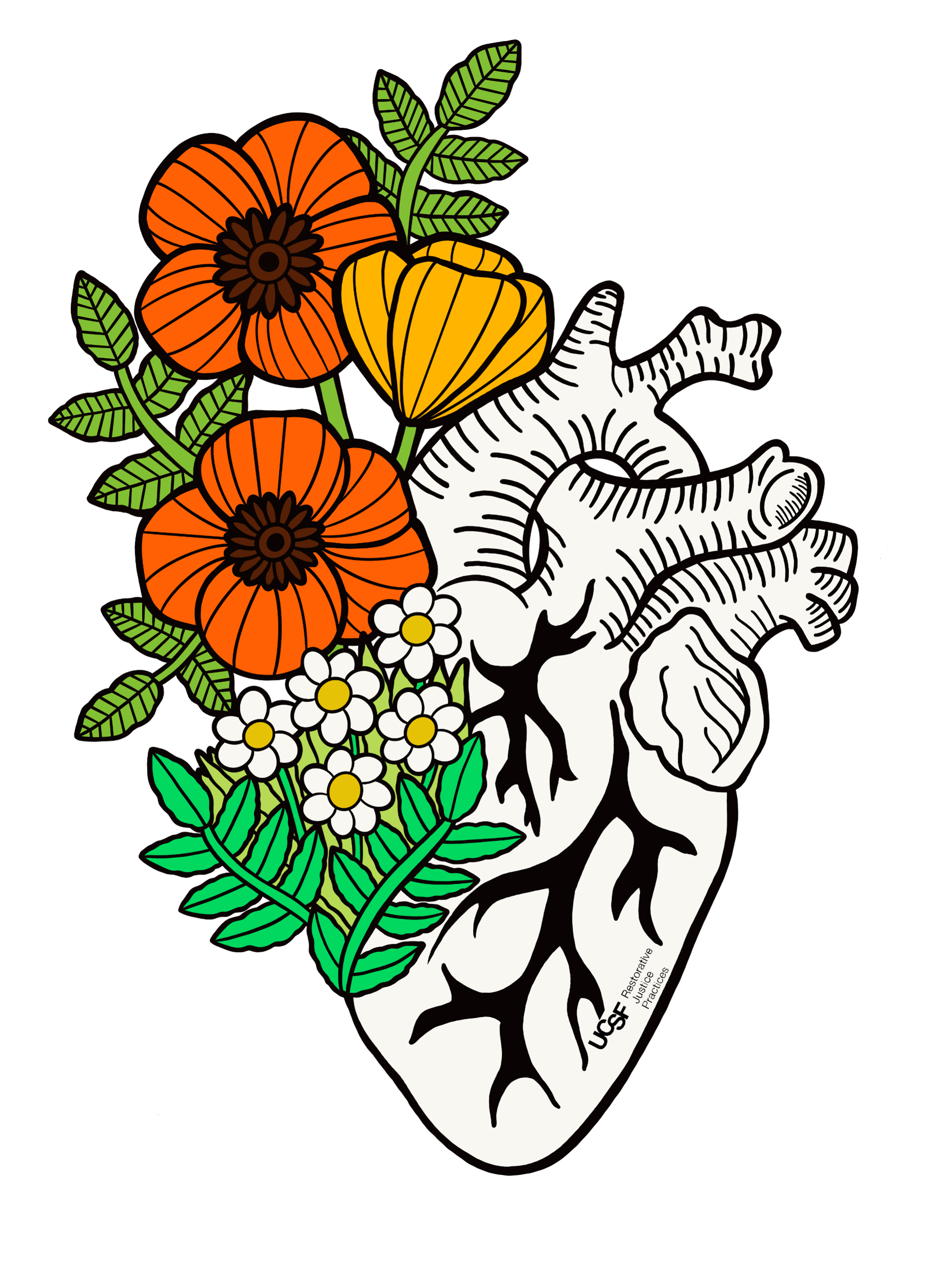 Illustration of a black and white anatomical heart with colorful flowers blooming from it, including poppies and chamomile.